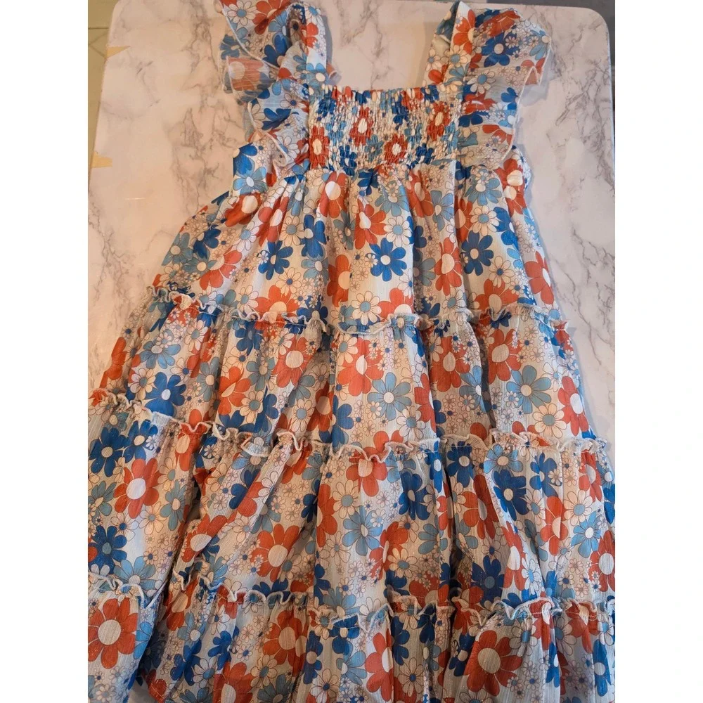 Cheeky Plum Girls Blue Orange Floral Smocked Tiered Flutter Sleeve Dress 6Y